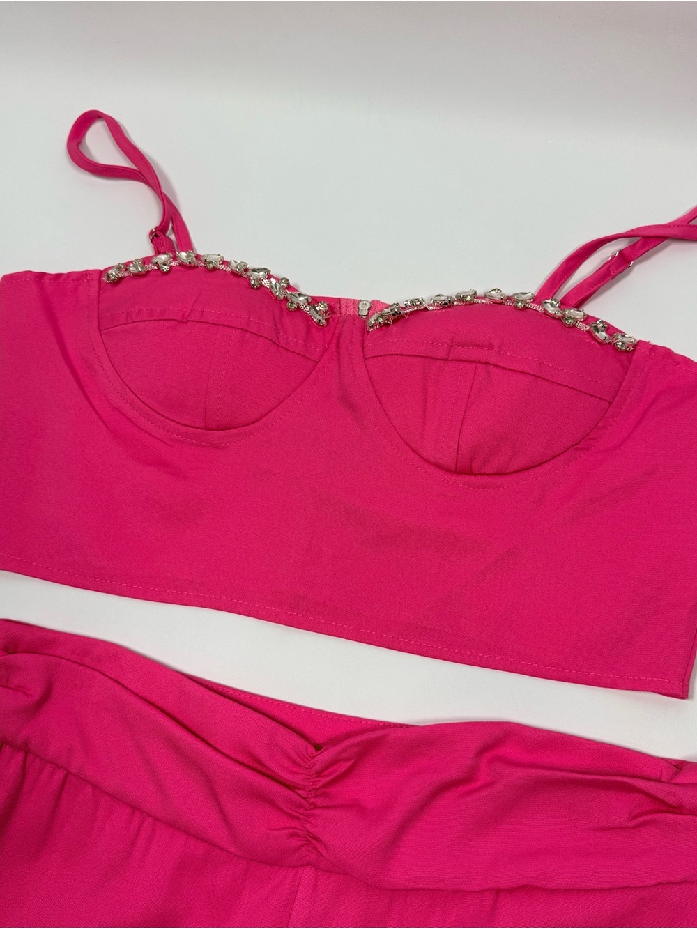Rhinestone Pink Bandeau Top Straps Pants 2 Piece Set